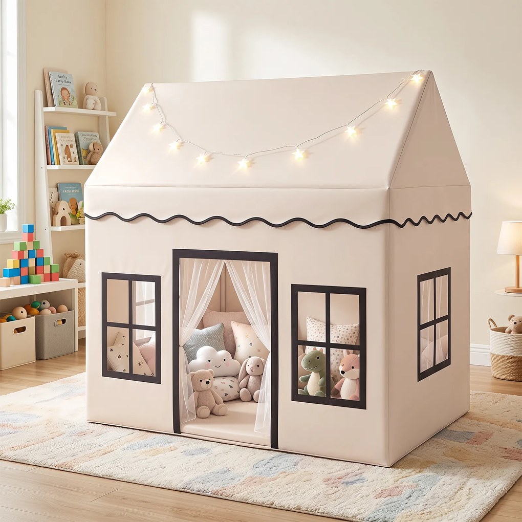 Tenda de Brincar Infantil 2 em 1 com Parque, 162,5 x 139 x 140 cm, Tapete Amovível, Bege