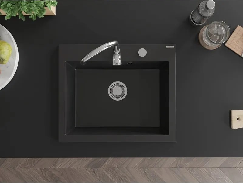 Mexen Elix lava-louça de granito de 1 câmara 600 x 500 mm, preto, sifão cromado - 6525601005-77