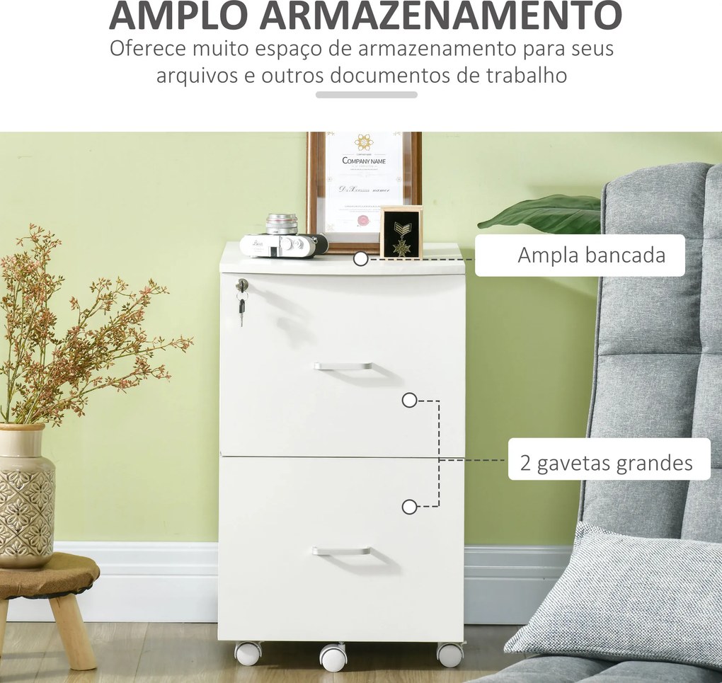Bloco gavetas de Escritório Móvel Auxiliar para Arquivos com 2 Gavetas Fechadura 2 Chaves 43x45x72cm Branco
