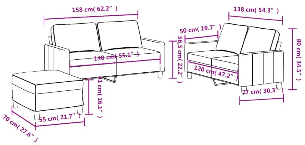 3 pcs conjunto de sofás com almofadões tecido cinzento-claro