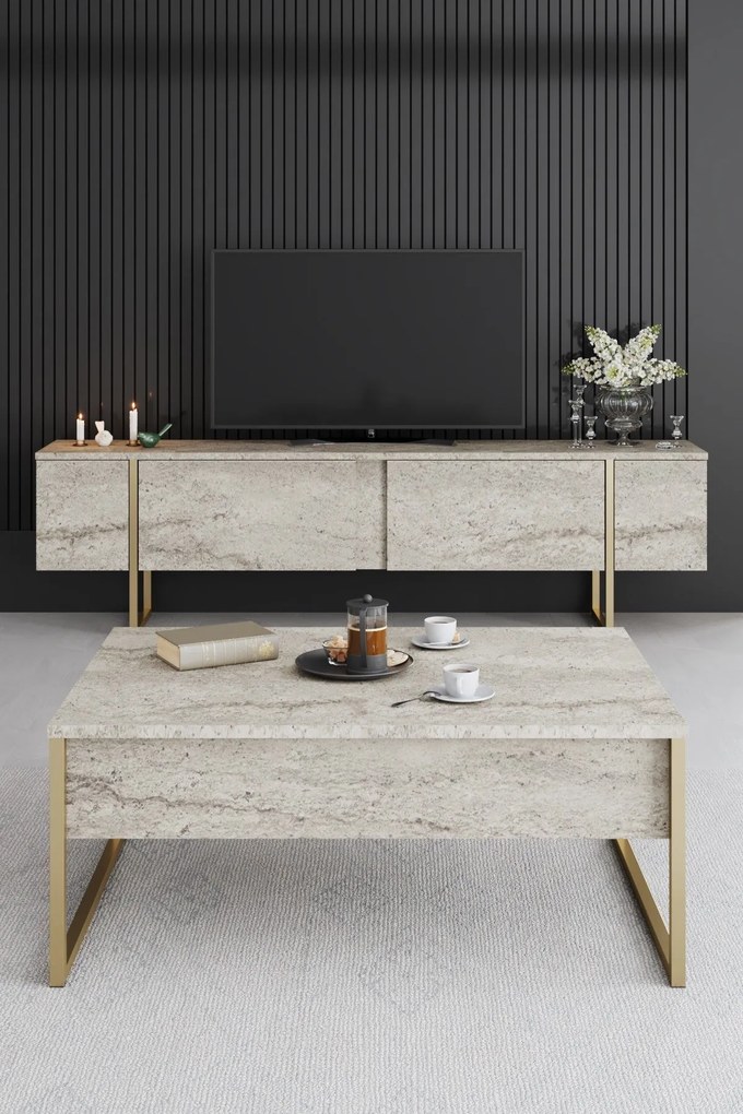 Móvel de TV "Madrid" - Travertino Marmore e Dourado - 180x50x30cm - De