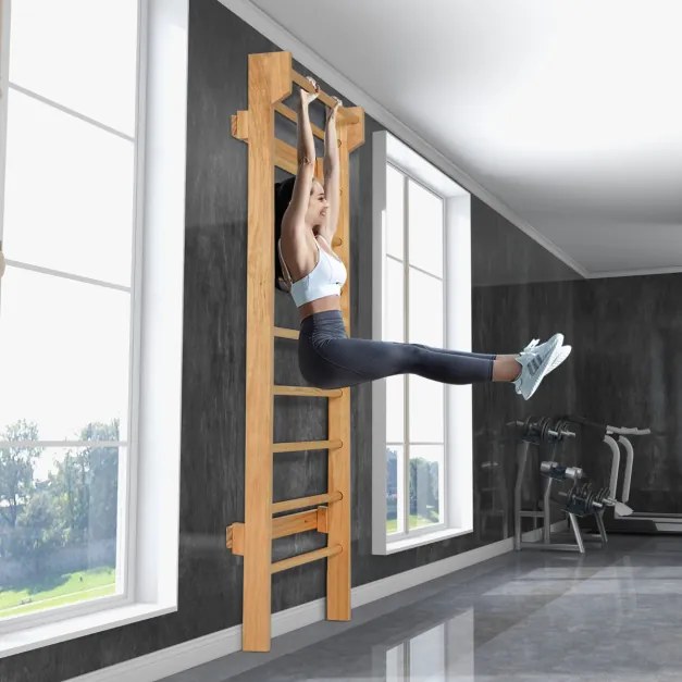 Barras de parede escada ginástica, encosto de madeira para academia, fitness, carga doméstica de 150 kg, inclui 4 âncoras, 195 x 81 x 14 cm