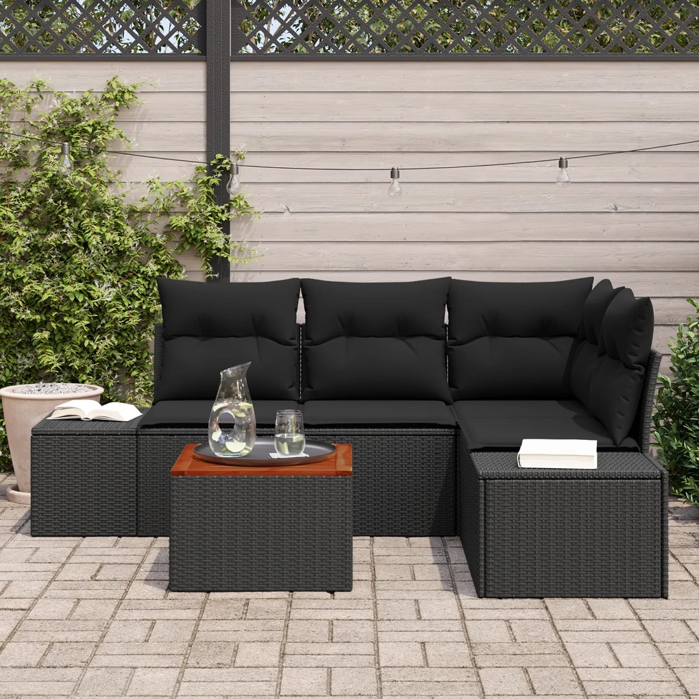 Conjunto de Sofá de 5 Peças com Almofadas Preto Vime Sintético Acácia