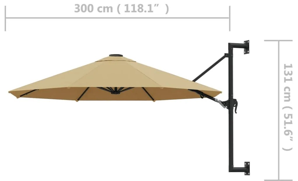 Guarda-sol de parede mastro metálico 300 cm cinza-acastanhado