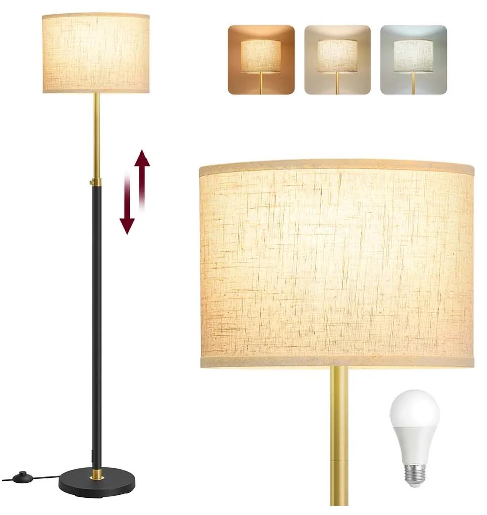 Candeeiro de pé com altura ajustável e abajur em tecido 30 x 30 x (140-170) cm dourado + preto