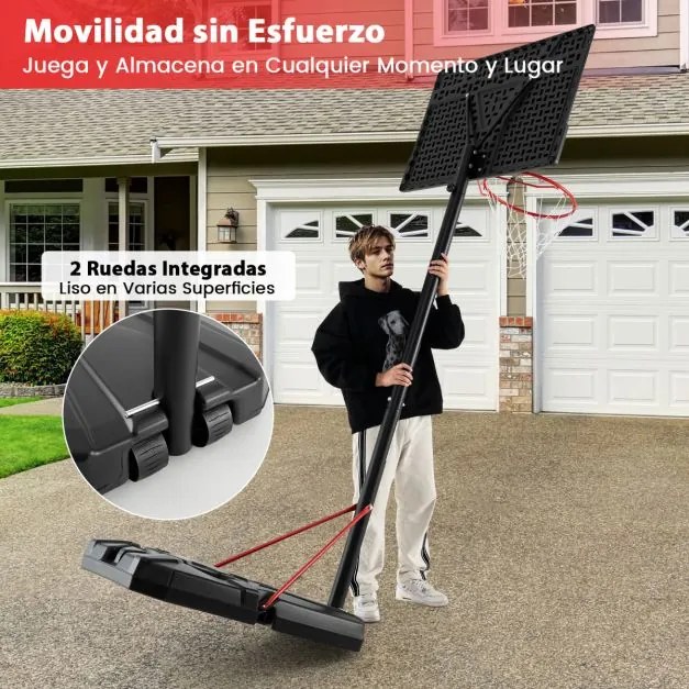 Cesto de Basquetebol Portátil Ajustável em Altura 230-305 CM com Rodas Base de Enchimento para Adultos/Jovens/Crianças