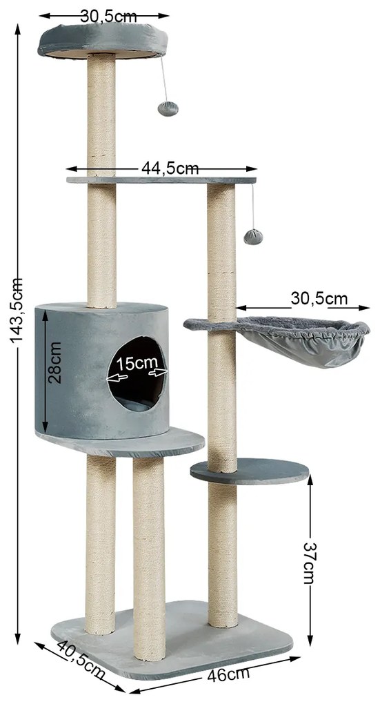 Árvore Arranhador de Actividade Multinivel 143,5 cm para Gatos Torre Trepadora com Raspadores Cobertos de Sisal Cinzento
