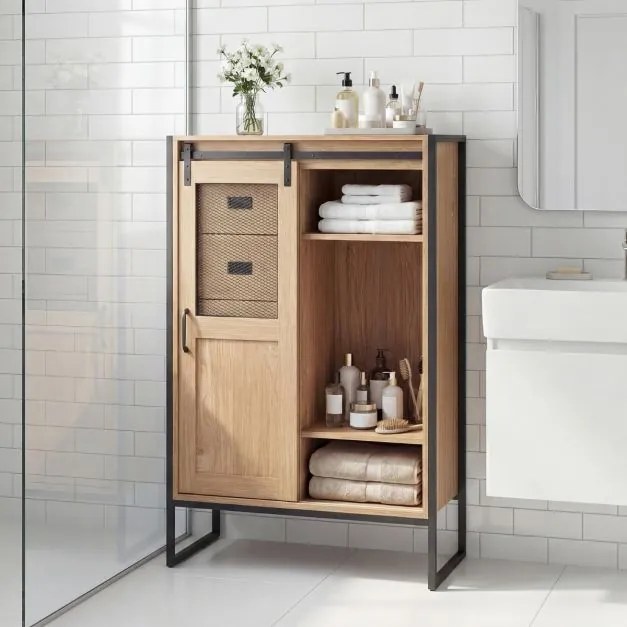 Armário de arrumação, estilo rústico 84 x 40 x 120 cm, com porta de correr, 5 gavetas e prateleiras ajustáveis ideal para casa de banho, sala de estar