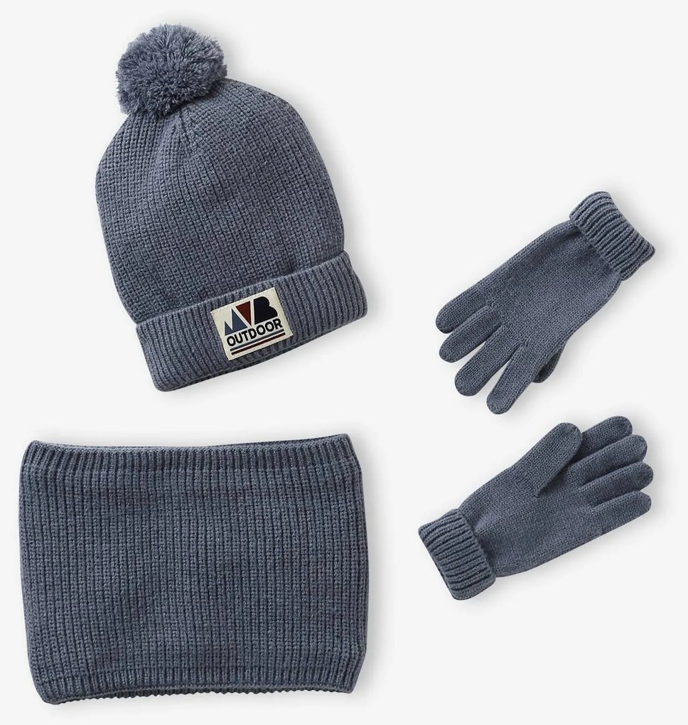 Conjunto  gorro + gola snood + luvas/mitenes «Outdoor», para menino   azul-acinzentado