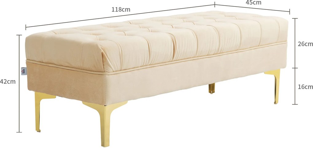 Banco estofado para colocar ao pé da cama, estilo clássico-chique, dim. 118 x 45 x 42 cm, pés em metal dourado, veludo bege