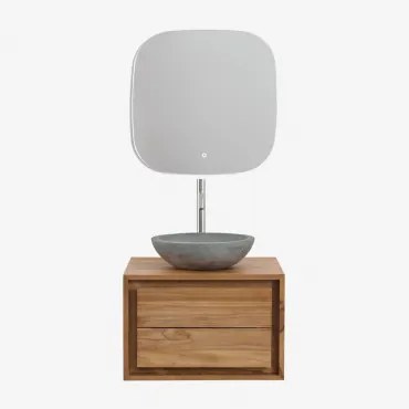 Conjunto De Móveis De Banheiro Em Madeira De Teca Jabari Madeira De Teca & Cimento Cinzento Redondo Ø40 Cm Tarsis & Quadrado Led - Sklum