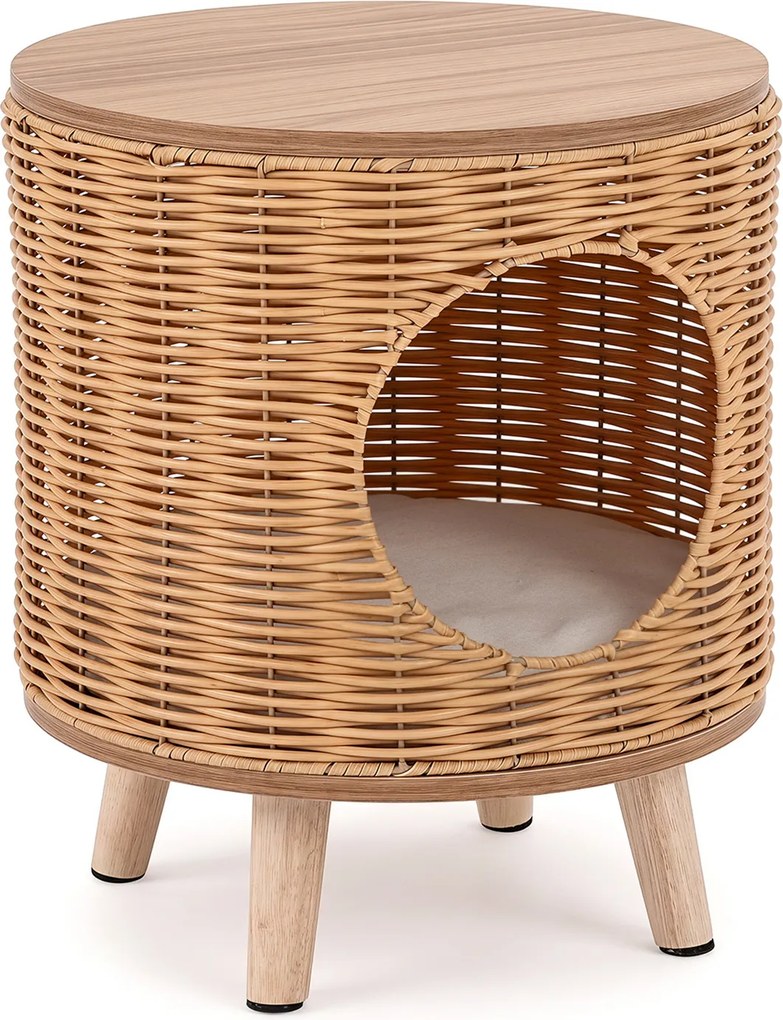 Casa para Gatos, 36 x 36 x 41 cm, Mesa de Apoio e Cama, Natural
