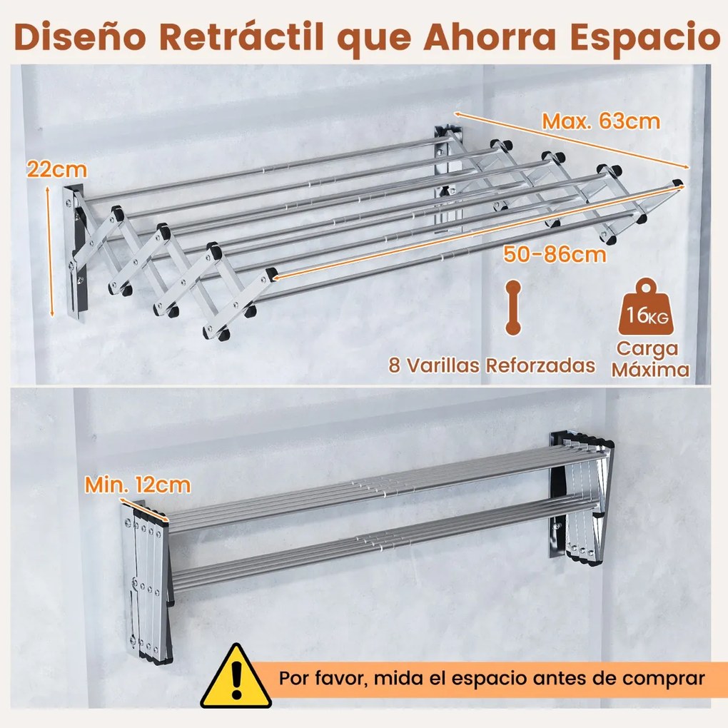 Estendal extensível de parede dobrável para roupa em aço inoxidável com 8 barras 63 x 86 x 22 cm prateado