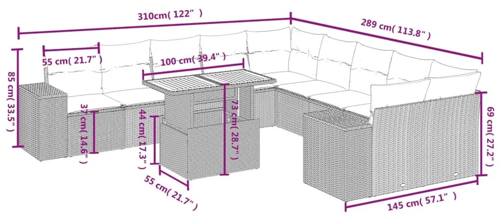 11 pcs conjunto sofás de jardim c/ almofadões vime PE cinzento