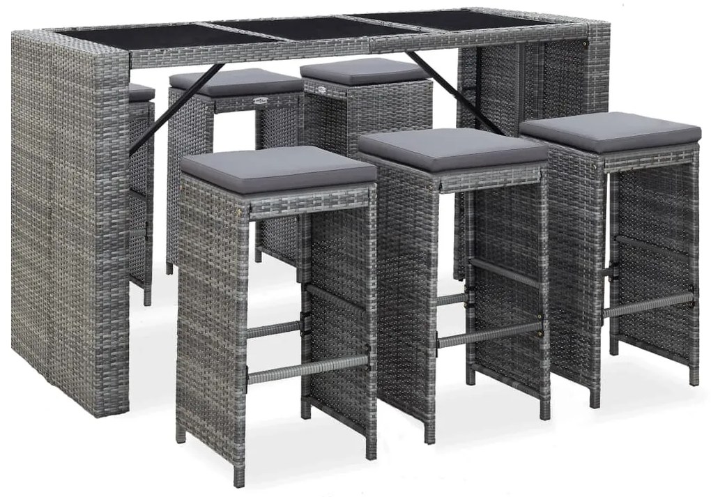 7 pcs conjunto bar para jardim c/ almofadões vime PE cinzento