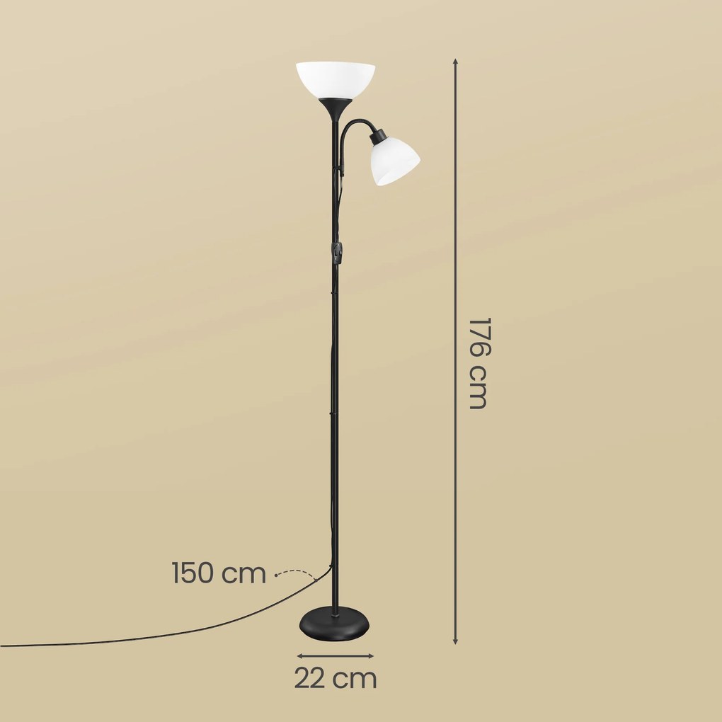 Candeeiro de pé com iluminação direta para o teto e lâmpada de leitura ajustável, 38,5 x 23,5 x 176 cm, preto
