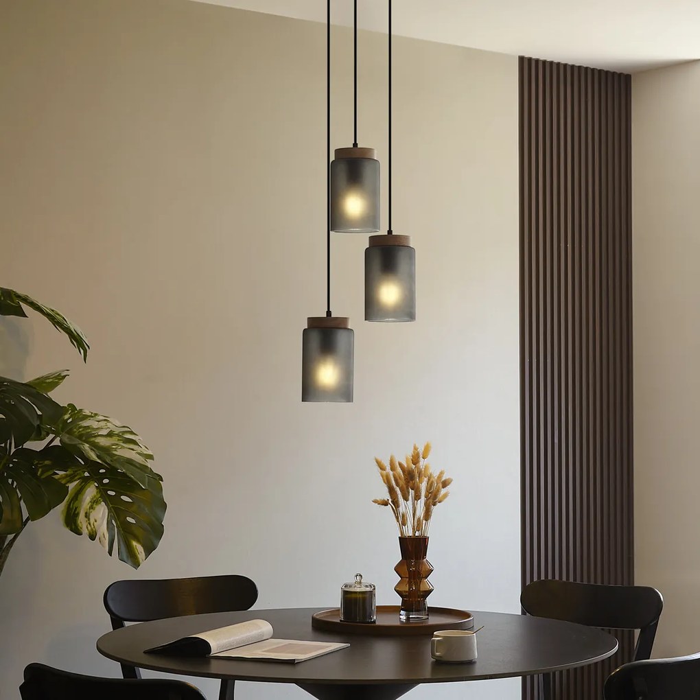 Candeeiro suspenso moderno preto com madeira e vidro cinzento mate 3 luzes - Umbra