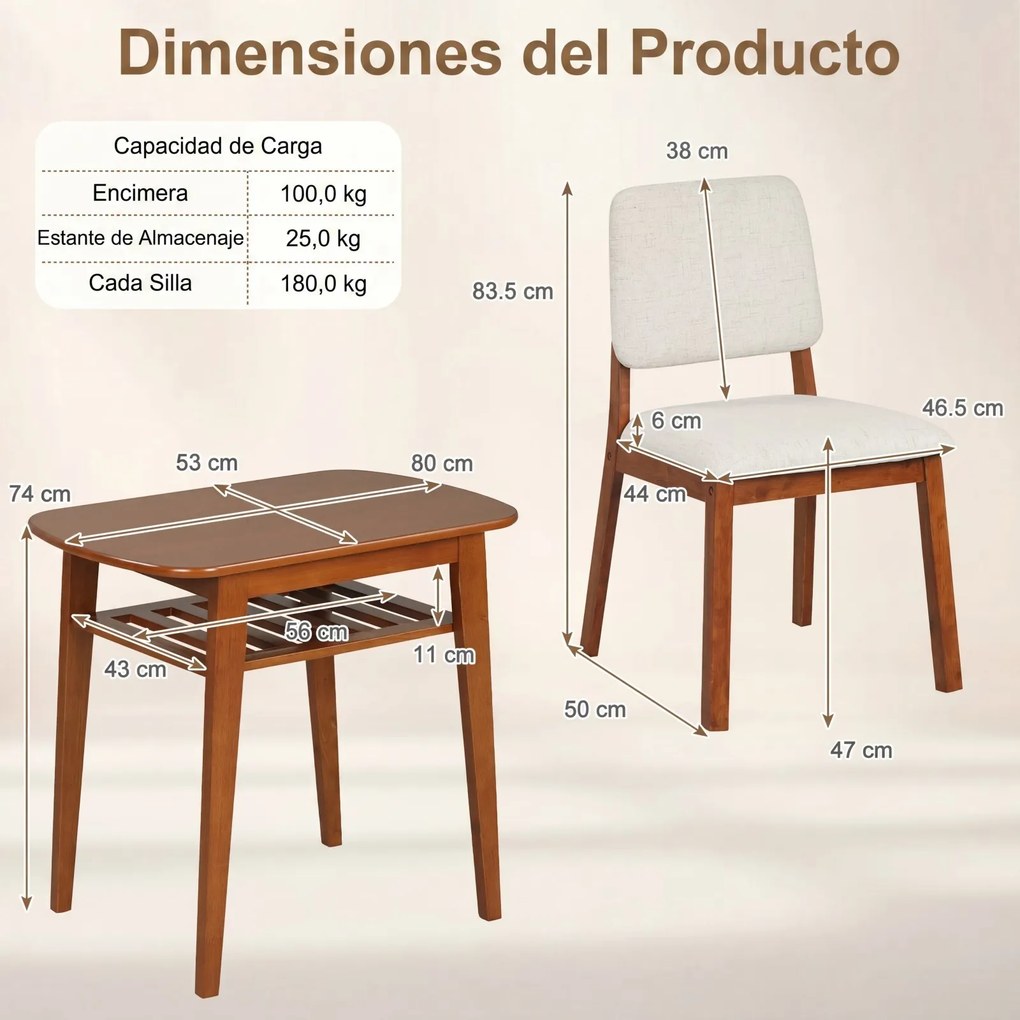 Conjunto de 1 Mesa e 2 Cadeiras de Jantar, 80 x 53 x 74 cm, Prateleira de Ripas, Castanho