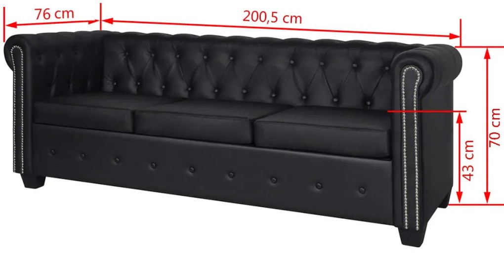 Sofá Chesterfield de 3 lugares em couro artificial preto