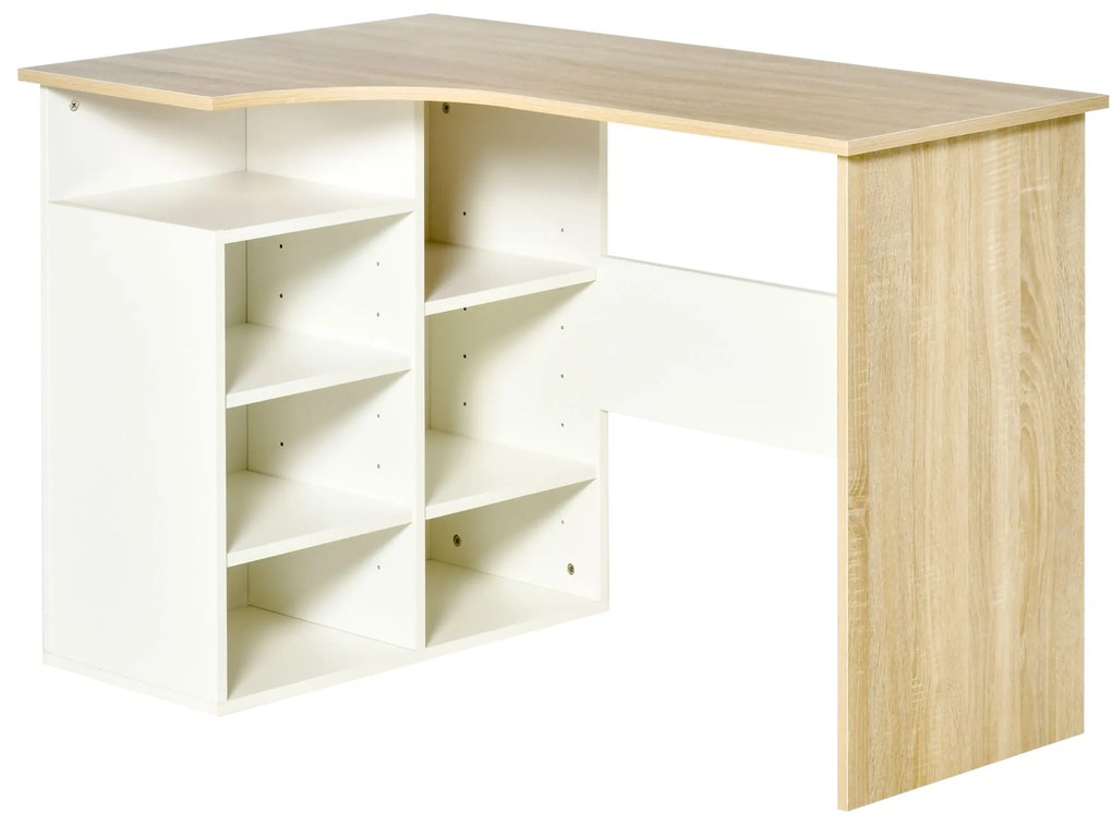 Secretária de Canto Secretária em Forma de L com Prateleiras Ajustáveis para Escritório Casa Estúdio 120x70x75cm Branco e Carvalho