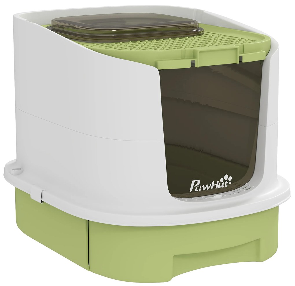PawHut Caixa de Areia para Gatos Fechada com Entrada Frontal Saída Superior Tampa Amovível Bandeja e Pá 40,5x52,5x42,5 cm Verde