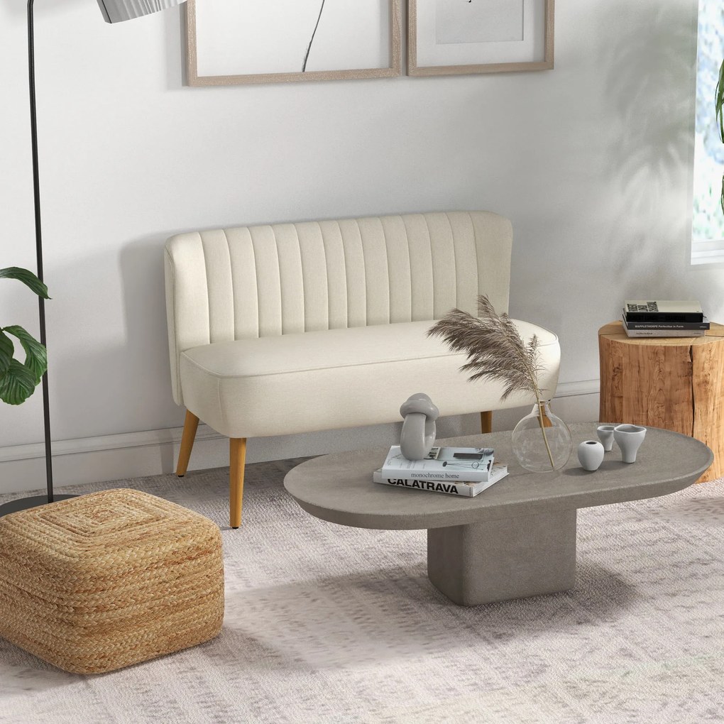 Sofá pequeno de 2 lugares 117 x 56,5 x 77 cm, sofá de sala em tecido com aspeto de linho, assento almofadado e pés em madeira de seringueira, creme