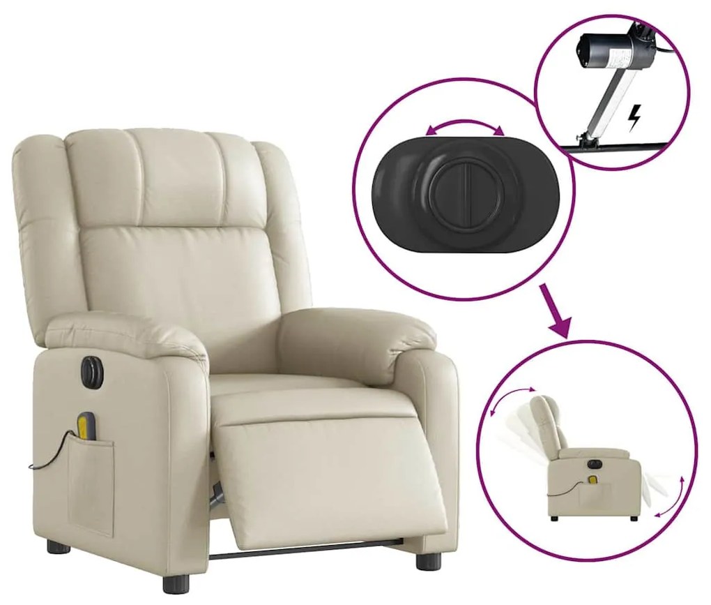 Poltrona massagens reclinável elétrica couro artificial creme