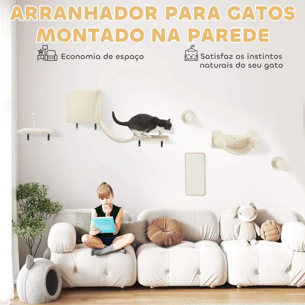Conjunto de Prateleiras de Escalada para Gatos de 6 Peças com Placa para Arranhar e Poste de Sisal Bege