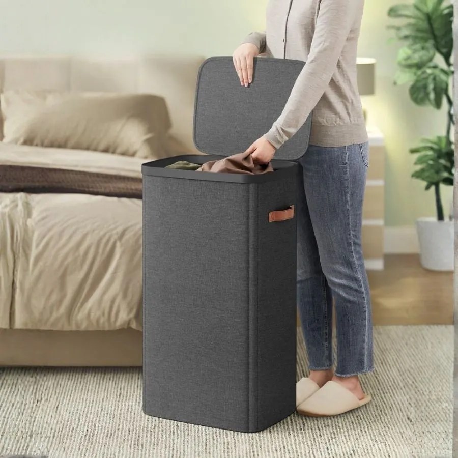 Cesto de roupa suja prático 42 x 32 x 75 cm com compartimentos e tampa Preto