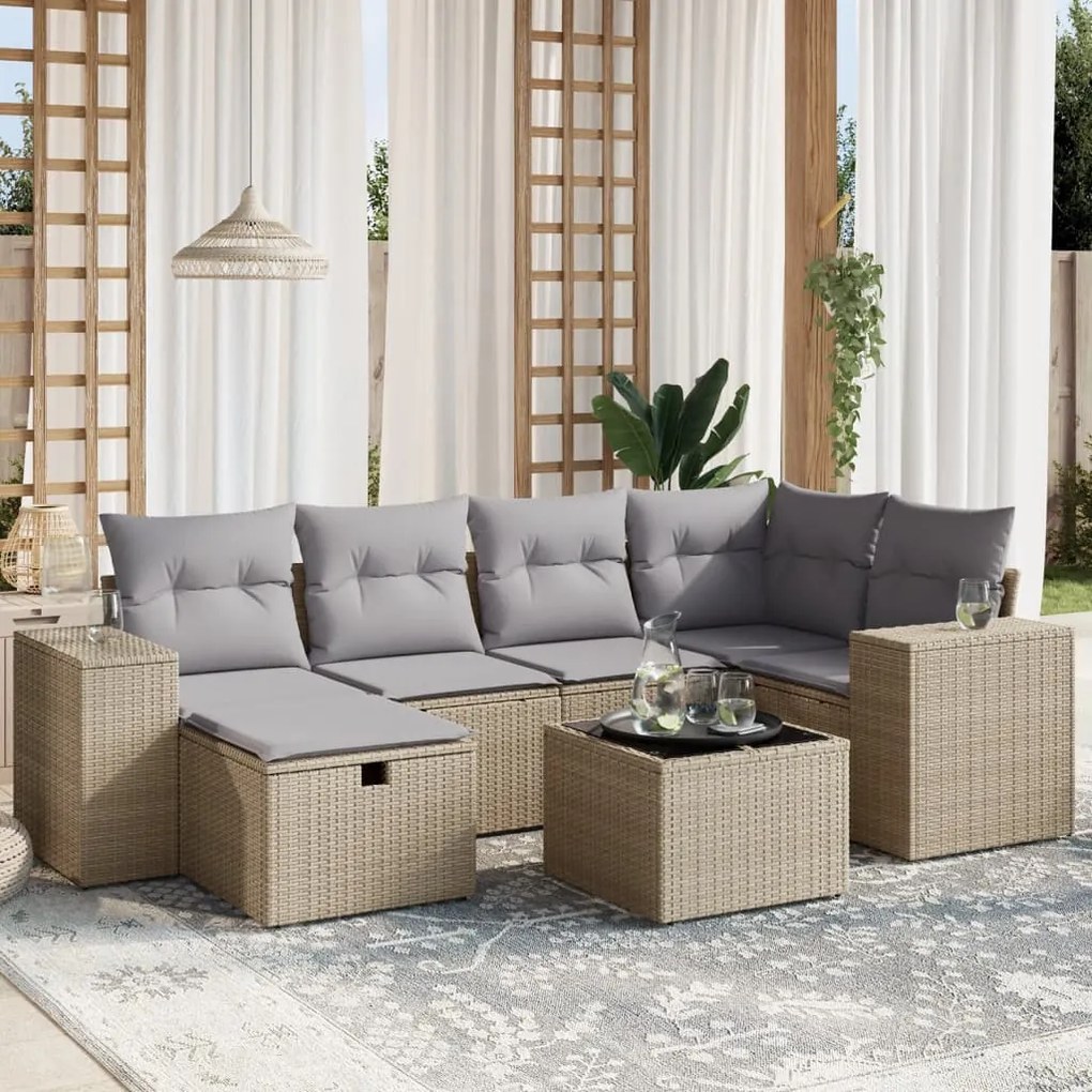 vidaXL 7 pcs conj. sofás jardim c/ almofadões vime PE bege misturado