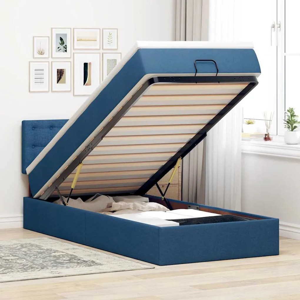 Cama Otomana com Colchão &amp; LEDs Tecido Azul 100x200 cm