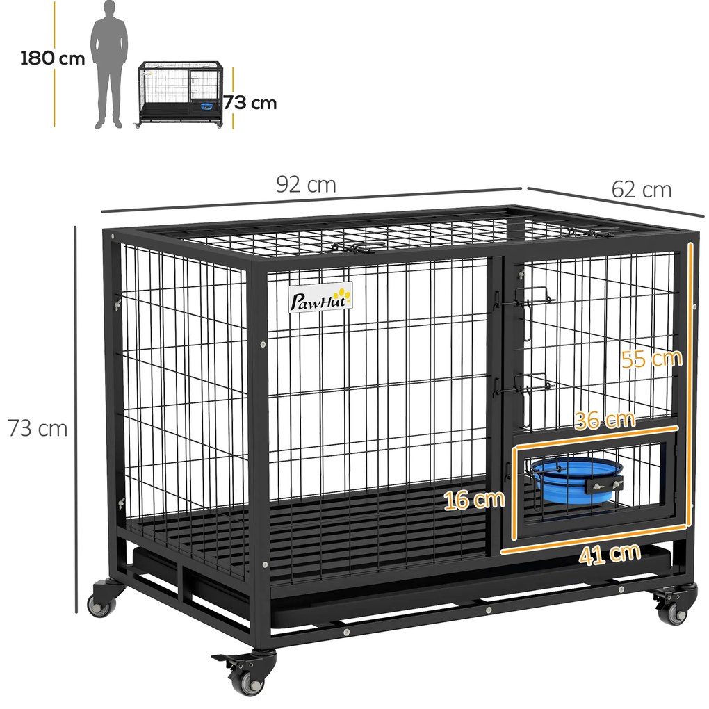 Gaiola para Cães com Parte Superior Rebatível Suporte de Tigelas Bandeja Amovível Rodas e Porta Dupla 92x62x73 cm Preto