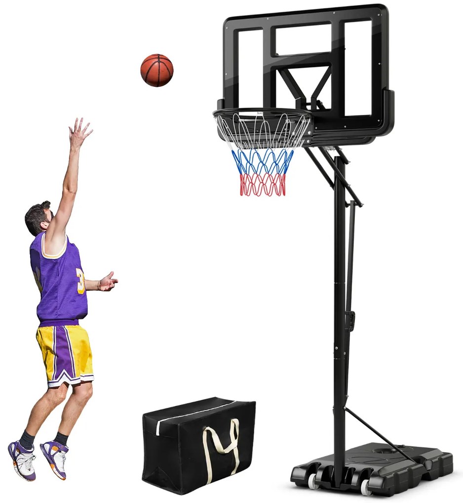 Cesto de basquetebol com altura ajustável 245cm-305cm, portátil com rodas, base recarregável para ambientes internos e externos