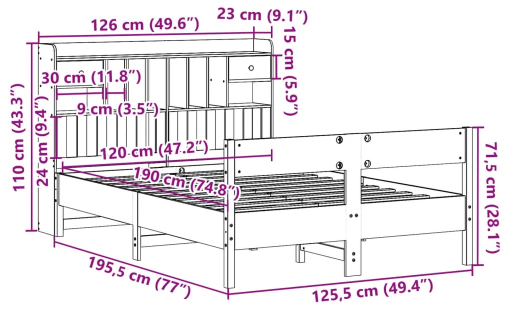 Cama c/ estante sem colchão 120x190cm pinho maciço castanho-mel
