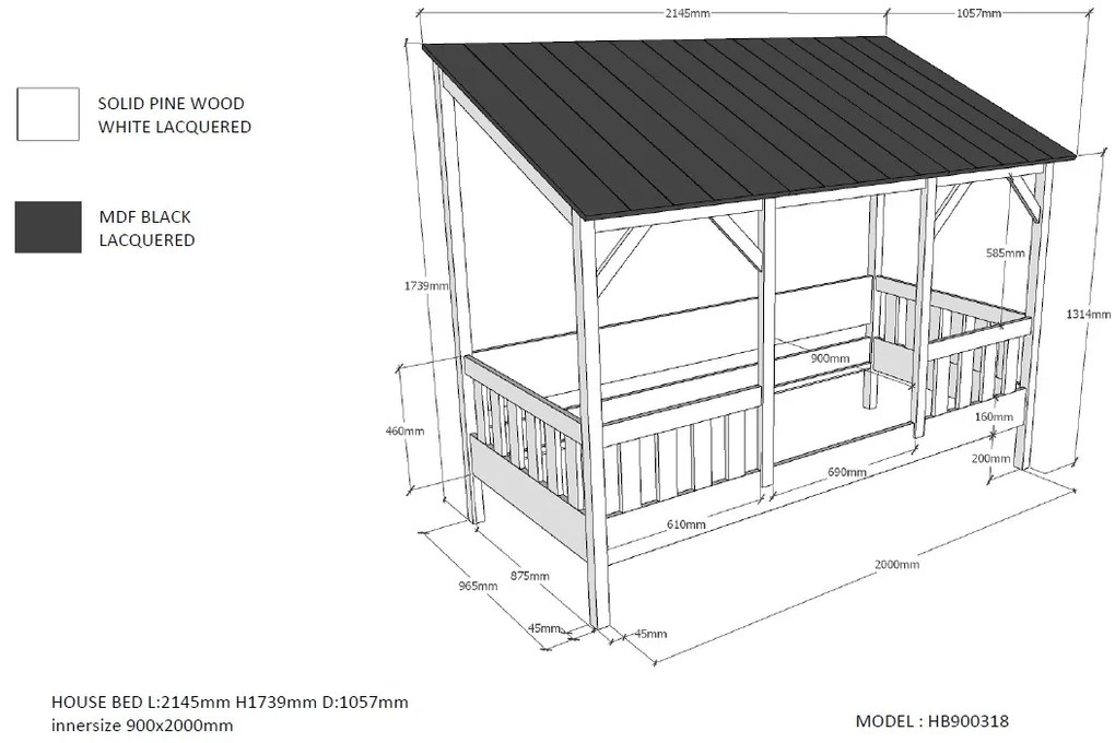 Conjunto Cama para Crianças Casa HOUSEBED 03 TELHADO PRETO + GAVETA BRANCA