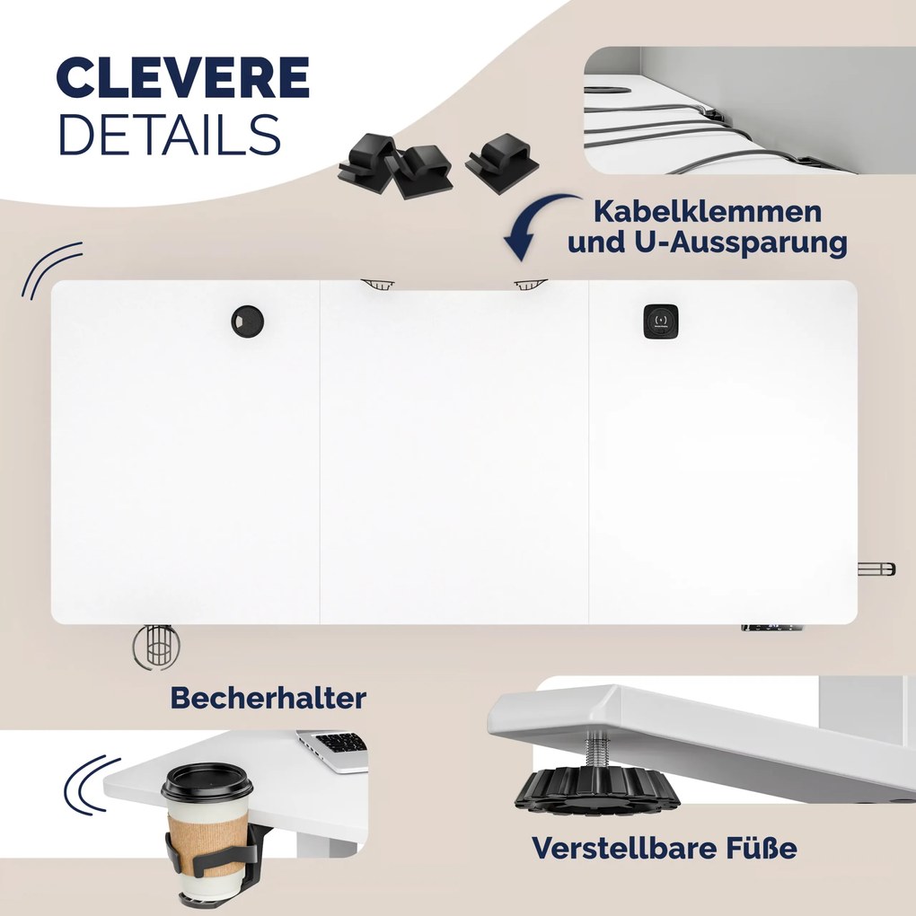 Secretária Eletrica ajustável em altura 160x75x72-117 cm Branca