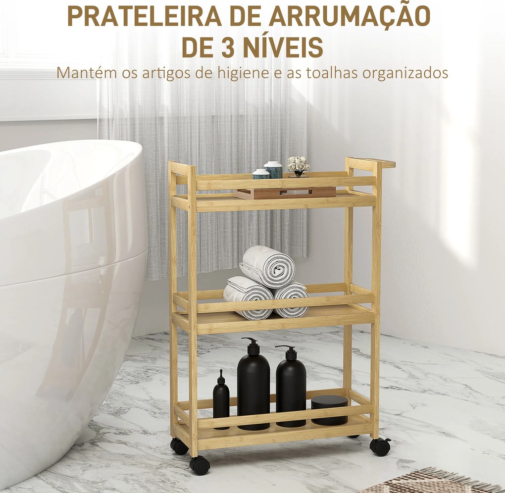 Carrinho para Casa de Banho de Bambu com 3 Níveis Carrinho de Arrumação para Casa de Banho Cozinha 55x20x75 cm Madeira