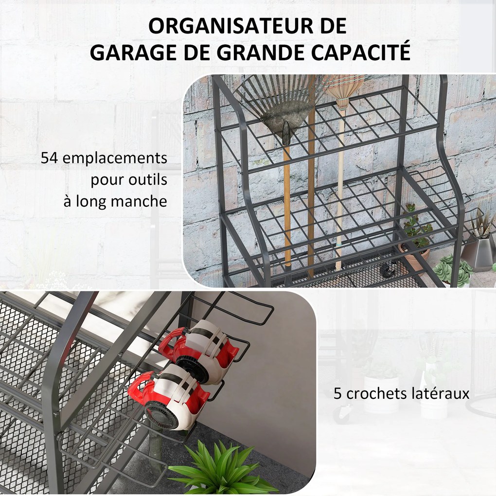 Organizador de ferramentas de jardim, suporte para ferramentas de jardim com 54 compartimentos, 5 ganchos de aço, sobre rodas, 3 níveis, preto