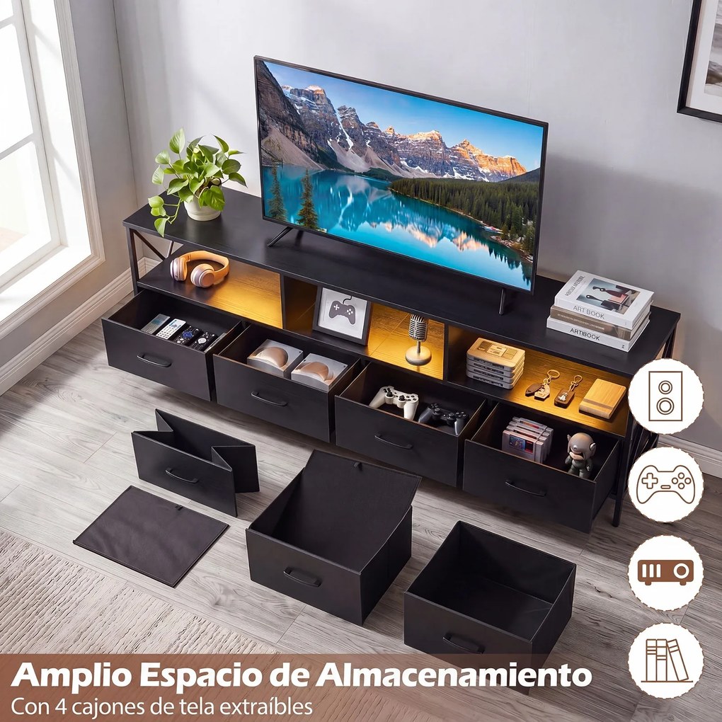 Móvel de TV, 180 x 40 x 63 cm, Iluminação LED com Comando à Distância, Preto