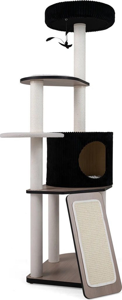 Arranhador para Gatos, 70 x 40 x 155 cm, Multinível com Casinha, Preto+ Branco