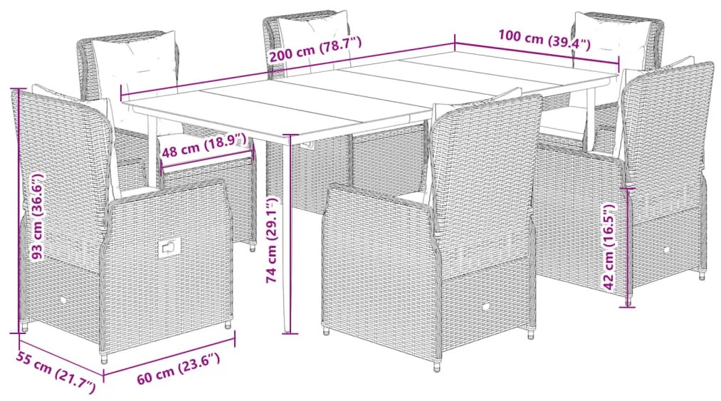 7 pcs conjunto de jantar p/ jardim c/ almofadões vime PE cinza