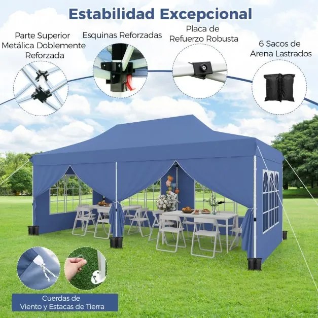 Tenda jardim, festas, eventos de 600 x 300 cm com 6 paredes laterais removíveis, com 6 pesos com bolsa de transporte Azul