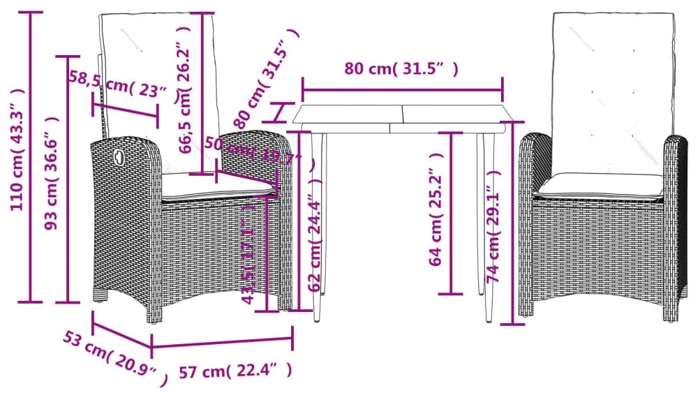 3 pcs conjunto de jantar p/ jardim com almofadões vime PE bege