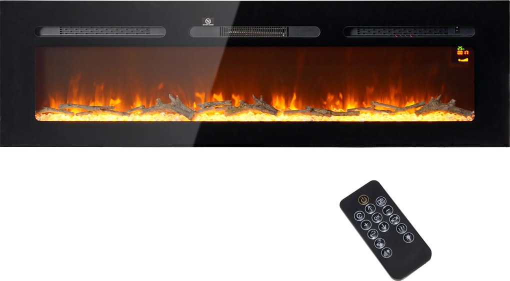 HOMCOM Lareira elétrica com suporte de parede e telecomando, toras artificiais e cristais, potência de 1800W, preto | Aosom Portugal