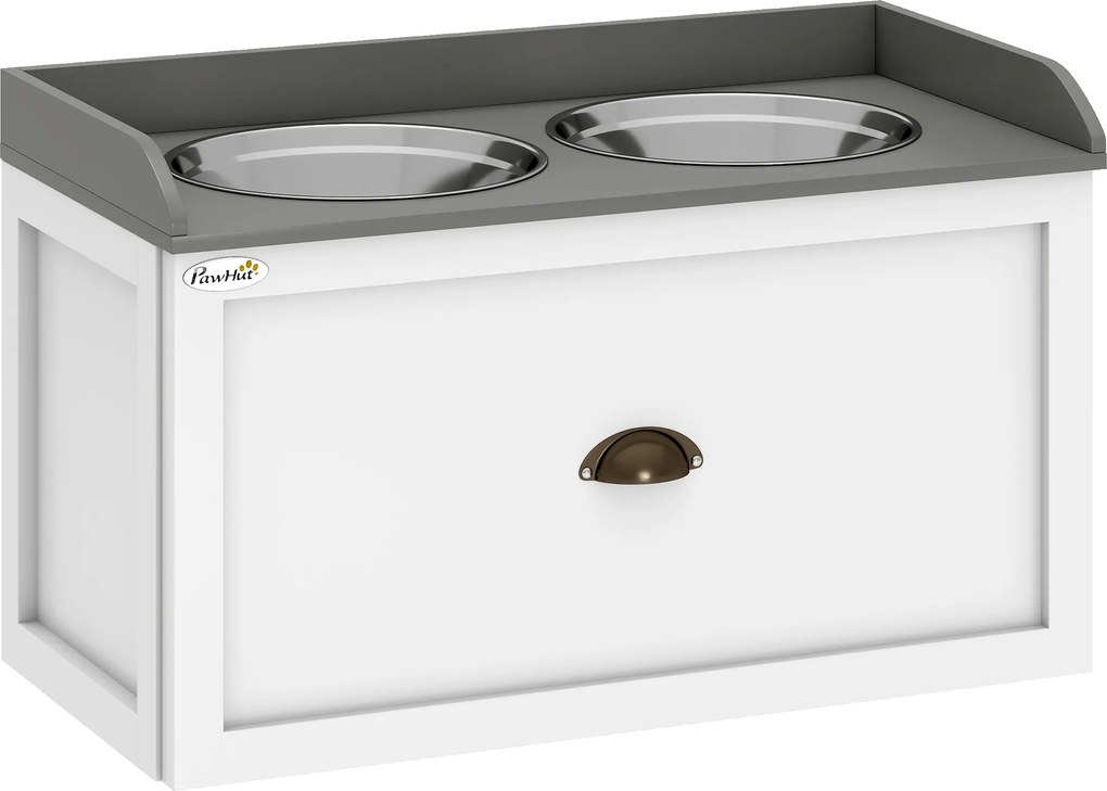 PawHut Comedouro Alto para Cães com 2 Tigelas 2000ml de Aço Inoxidável Gaveta Oculta com Suporte de Madeira 60x30x36cm Branco | Aosom Portugal