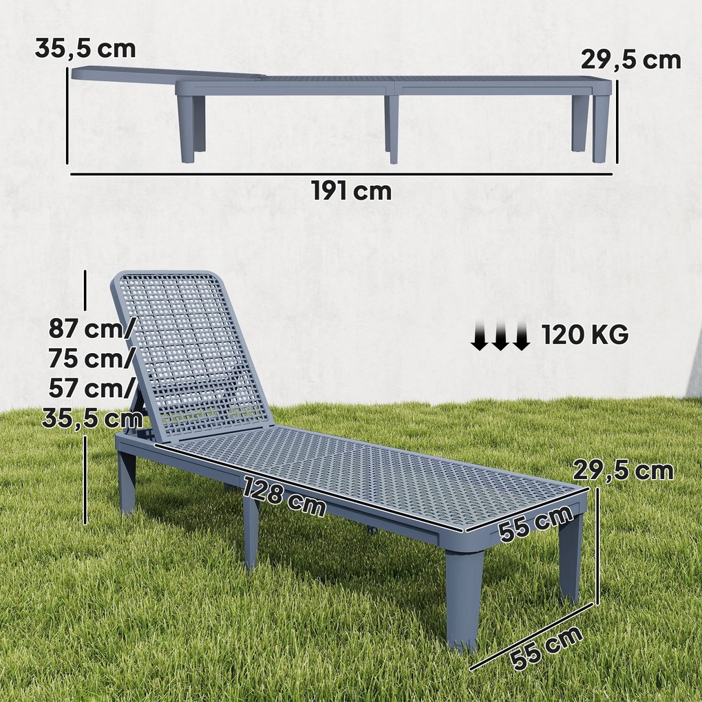 Espreguiçadeira Reclinável de Jardim Exterior com Encosto Ajustável em 4 Posições e Estrutura de PP 191x55x35,5 cm Cinzento Escuro