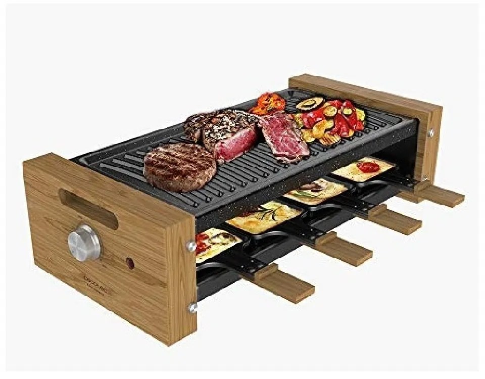 Raclette de madeira Cheese&Grill 8200 Wood Black,Com estrutura de madeira, termóstato ajustável e placa antiaderente e uma superfície de aço com reves