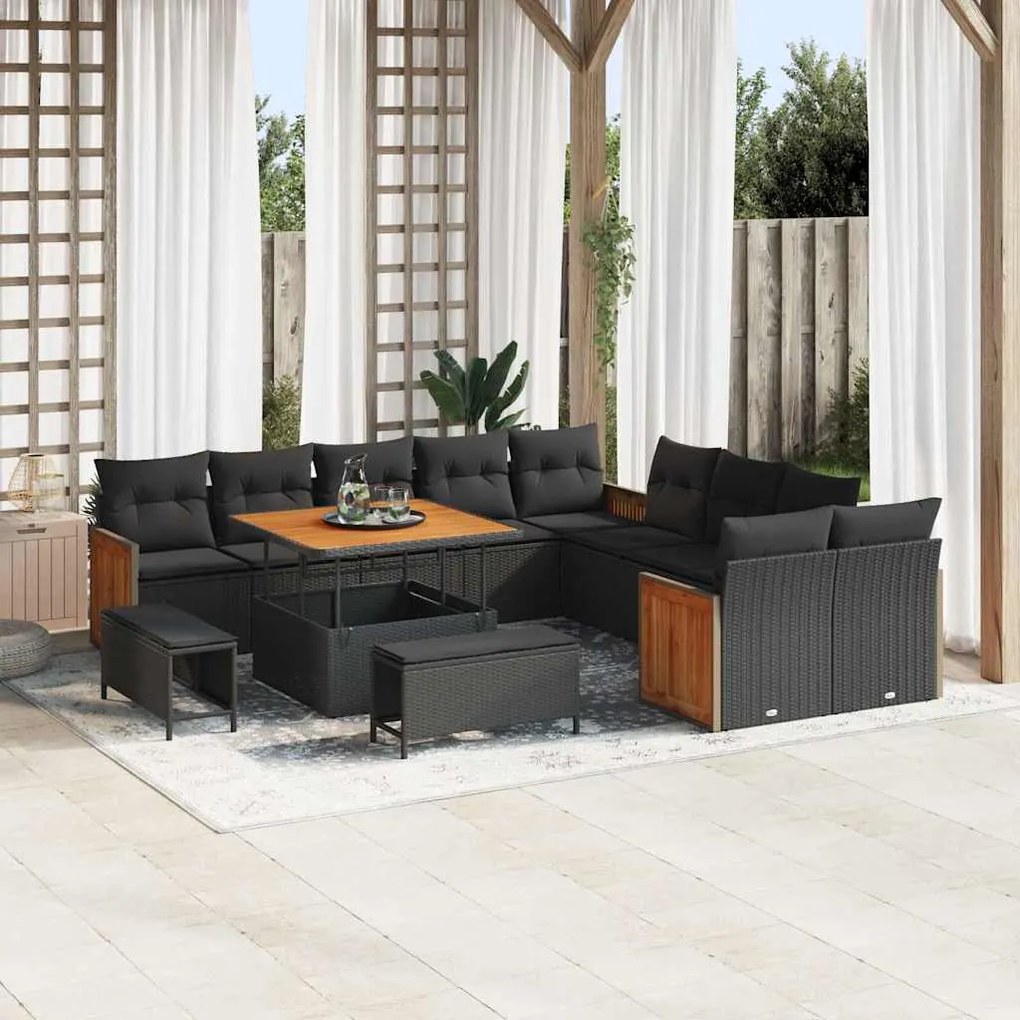 Conjunto de Sofás de Jardim de 13 Peças com Almofadas Preto Polyrattan