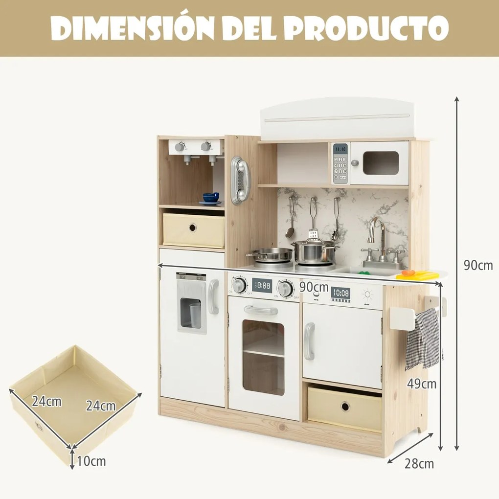 Cozinha infantil brincar em madeira 90 x 29 x 90 cm com luzes LED ajustáveis Bandejas e prateleiras de tecido removíveis Branca + Natural