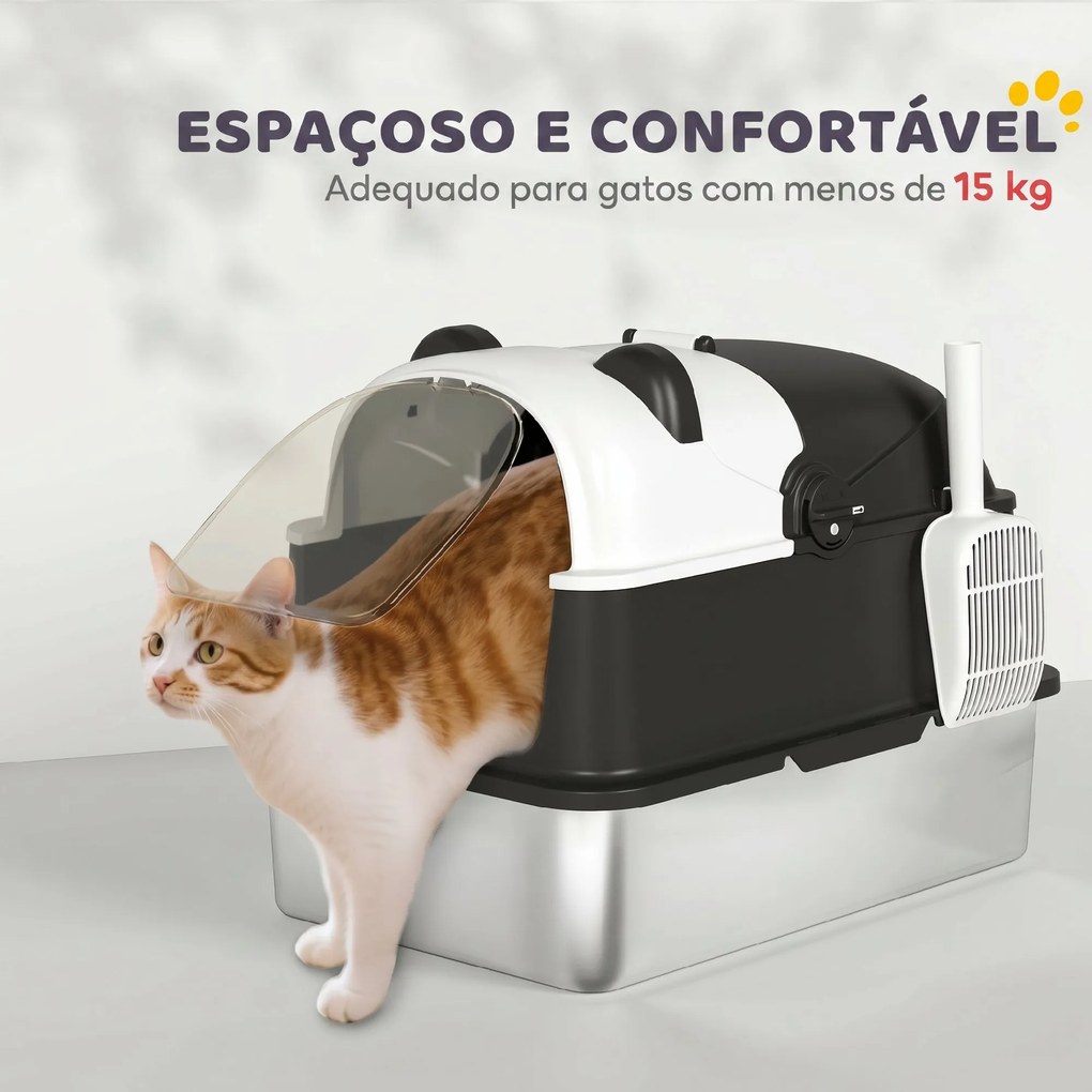 Caixa de Areia para Gatos Grandes XL em Aço Inoxidável com Tampa Rebatível, Pá e Desodorizante, Panda, Preto